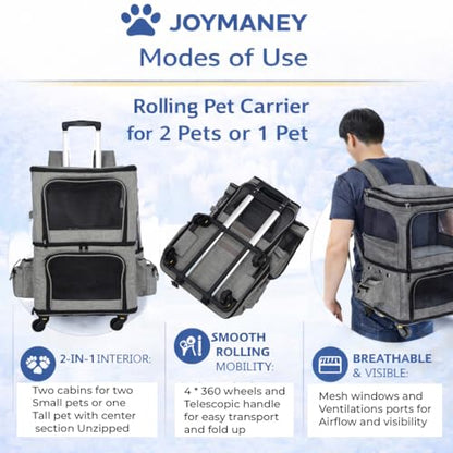 Double Pet Carrier Backpack with Wheels for Small Dogs & Cats, Dual Compartment Rolling Carrier for Vet Visits & Road Trips (Not Designed for Under-Seat Airline Travel, Check Size Guide)