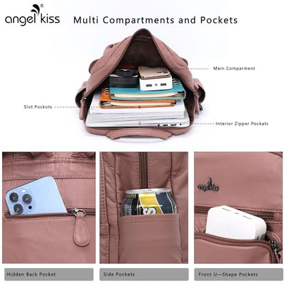 Angel Kiss Backpack Purse for Women Soft Washed Leather Multi Pocket Casual Travel Backpacks… - color: Pink