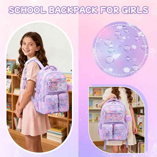 Girls Backpack,School Bag for Kids,Primary,Elementary,teen ages 6-15 Girls Bookbag,Students Kawaii Backpack Purple conch - color: Purple Conch