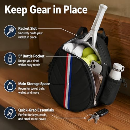 Tennis Bag, Water Resistant Tennis Backpack for Women Men, Quilted Crossbody Sling Design for Tennis, Pickleball, Badminton Rackets - color: Black