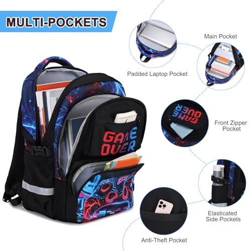 3PCS School Backpack for Boys, Cool Gamer Boys Backpack with Lunch Box and Pencil Case for Kids Kindergarten Teens Elementary Middle School Bag with Convenient Charging Port,Gaming Bookbag Waterproof - color: Futuristic Red & Blue Lightning