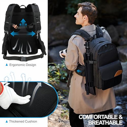 Padwa Lifestyle Black Professional Camera Backpack - Large Capacity Nylon Photography Camera Bag with Thick Padded Comfort Strap and Wide Waist, Versatile Photographer,Multi Cameras,Lensas,a Laptop - color: Black