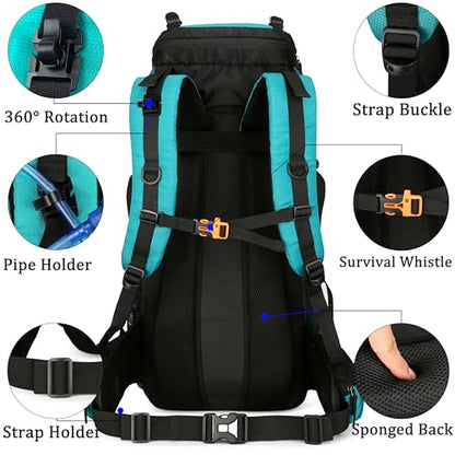 YFREAL 60L Travel Hiking Camping Backpack with Rain Cover,Backpack Water Resistant,Climbing Backpack for Men Women (LIGHT BLUE) - color: Light Blue