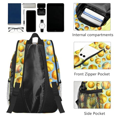 Softball Backpack for Kids & Youth, 16 Inch Tennis-Themed School Bookbag, Lightweight Polyester Daypack with Front Zip Pocket, Side Bottle Pocket, Padded Adjustable Straps, Unisex - color: Softball