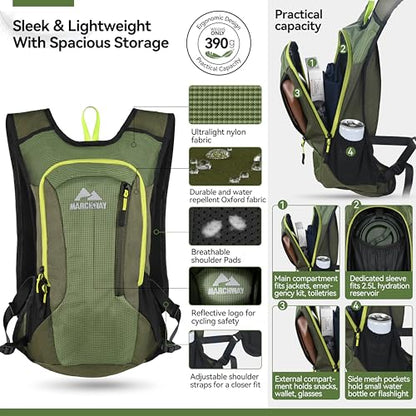MARCHWAY Lightweight Hydration Backpack with Vest Style Straps & 2.5L TPU Water Bladder, Versatile Sleek Multi-Pocket Pack for Hiking, Cycling, Running, Backpacking, Travel - color: Green