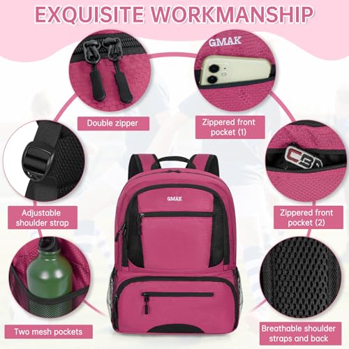 GMAK Soccer Backpack for Youth, Soccer Bag with Ball/Shoe Compartment for Football/Basketball/VB, Lightweight Training Pack - color: Pink