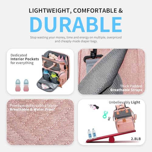 KABAQOO Diaper Bag Backpack with Detachable Changing Station, Large Capacity Baby Diaper Bags for Boys & Girls, Baby Registry Search Stuff & Shower Gifts, Newborn Essentials Must Haves, Pink Grey - color: Pink Grey