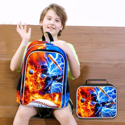 AGSDON 3PCS Boys Backpack for Boys, 17" Kids Bookbag with Lunch Box for Boy, Baseball Flame Thunder Backpacks Water Resistant and Lightweight for Teen - color: Baseball 01