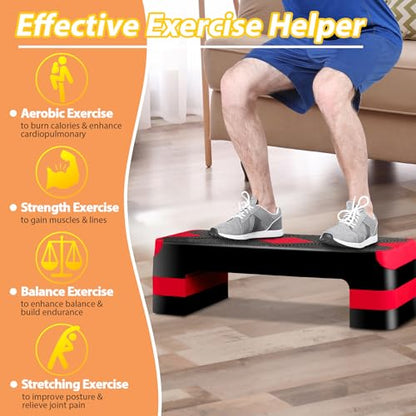 ZENY 26.5 inch Aerobic Step Platform with 4 Step Risers, Height Adjustable Exercise Stepper for Home Gym Workouts, 400 lbs Capacity - color: Red