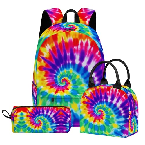 3PCS Backpack for Boys Girls, Kids Tiedye Back to School Backpack Sets with Lunch Bag Pencil Case, 17 Inch Lightweight Bookpack 3 in 1 Set for Teens Elementary Middle High School Students - color: Tiedye