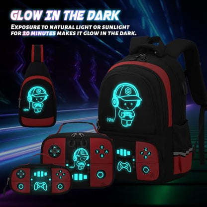 Bevalsa Backpack for School Boys, Cool Luminous Gamer Boys Schoolbag with Sling Bag,Lunch Box & Pencil Case for Kids Children Teens Elementary Middle School(Red Backpack with Shoulder Bag) - color: Red, style: Backpack With Shoulder Bag