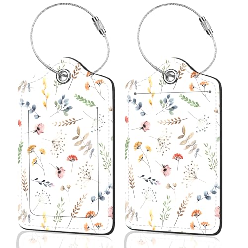 2Pack Luggage Tags for Suitcases, Cute Unique Pu Leather Cruise Luggage Tag with Privacy Cover ID Label Address Card and Metal Ring Suitable for Women Men Kids Travel Bag Floral and Plant Patternsn - color: Floral and Plant Patternsn