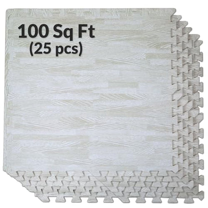100 Sq. Ft 3/8 Inch Thick Printed Foam Tiles Interlocking Foam Mat, 24" x 24", 25 pcs, White Wood Grain Style Protective Flooring, for Home, Exercise or Trade Show - color: White Wood Grain