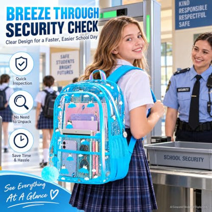 AGSDON Serene Sky Blue Clear Bookbag – Cloud Cat-Print See Through Backpack for Girls Set with Rainbow Strap, Heavy Duty 17" Women Transparent School Bag & Pouch - color: Clear Backpack Set - Cloud Cat Blue