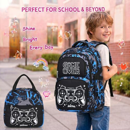3PCS Kids Backpack Set, School Backpack with Lunch Bag & Pencil Case, Lightweight Waterproof Bookbag for Kids (Gamer Black Blue) - color: Gamer Black Blue