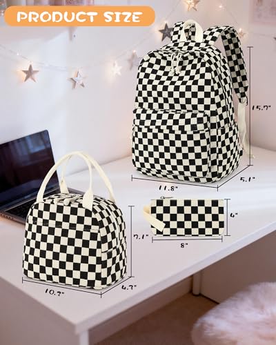 LOIDOU Backpack for Teen Girls Bookbags School Backpack with Lunch Box and Pencil Case 3 in 1 School Bags Set - color: Black and white check