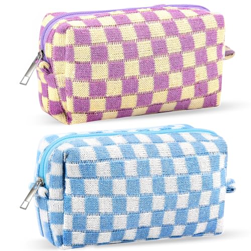 ZLFSRQ 2Pcs Checkered Pencil Case Cute Pencil Pouch for Teens Checkered Makeup Bag Medium Travel Cosmetic Bag Preppy Makeup Pouch for Purse Aesthetic Zipper Toiletry Bags Organizer(Blue/Purple) - color: BN Checkered 2Pcs M Blue/Purple