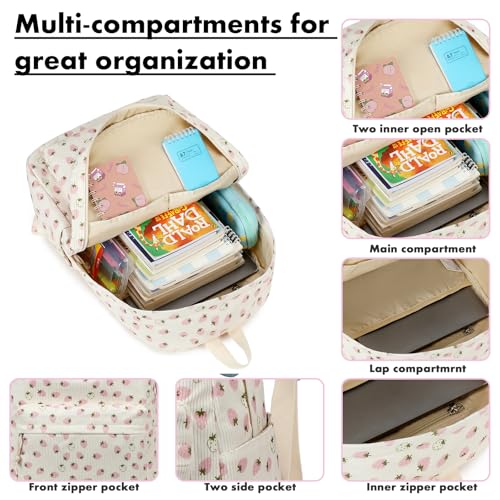 Bluboon School Backpack Set Girls Womens Laptop Bookbag Casual Daypack Fits 15 inch Laptop with Lunch Tote Bag and Pencil Bag - color: Corduroy White Pink Strawberry