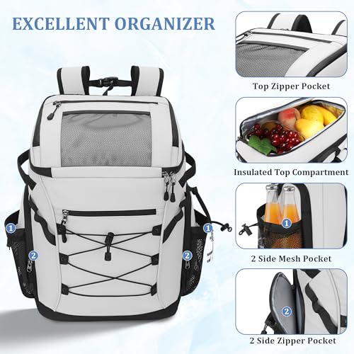 30L Cooler Backpack for Men Women, Leak Proof & Waterproof, Double Decker Insulated Backpack Cooler for Beach Camping Picnic (7.93 Gal, 48 Can) - color: White