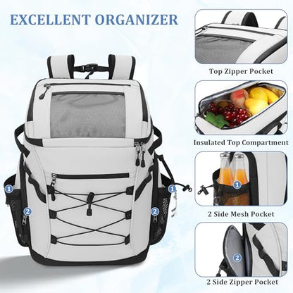30L Cooler Backpack for Men Women, Leak Proof & Waterproof, Double Decker Insulated Backpack Cooler for Beach Camping Picnic (7.93 Gal, 48 Can) - color: White