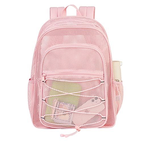 COVAX Heavy Duty Mesh Backpack, Semi-transparent Mesh Bookbag,See Through College Backpack with Bungee and Comfort Padded Straps for Commuting, Swimming, Beach, Outdoor Sports (Pink) - color: Pink