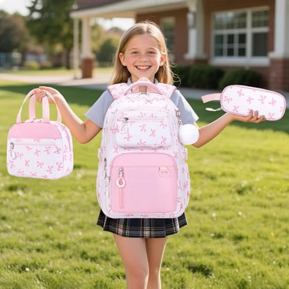 Bevalsa Backpack for Girls 3PCS Teen Girls Pink Bow Backpack for School with Lunch Bag Pencil Case Cute Kids Laptop Backpacks Bookbag for Elementary Middle High School College Student (Bow) - color: Pink Bow
