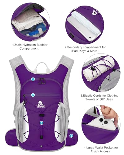 Hydration Backpack with 2L Water Bladder - Lightweight 15L Daypack with Phone-Sized Hip Belt Pockets, Anti-Chafe Cotton Edging & No-Bounce Straps - Small Water Backpack for Hiking, Running, Skiing - color: Purple