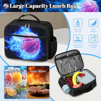 Boys Basketball Backpack with Lunch Box, Kids Backpack Set for School, 17inch Bookbag with Pencil Case Coin Purse Blue - color: Basketball Blue