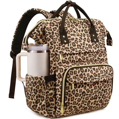 LOVEVOOK Laptop Backpack for Women Men with Large Cup Holder,15.6" Waterproof Computer Laptop Bag TSA Approved Travel Backpack,Professional Work College Nurse Teacher Backpack Gift Purse,Leopard print - color: Leopard Print, size: 15.6-Cup