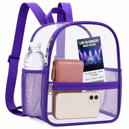Oraben Clear Backpack Stadium Approved, 12 x 6 x 11 in, Small Transparent Backpack for Concerts, Sports Events, Festivals, Travel, Waterproof PVC, Adjustable Straps, Women Men - color: Purple, style: Nylon Shoulder Straps