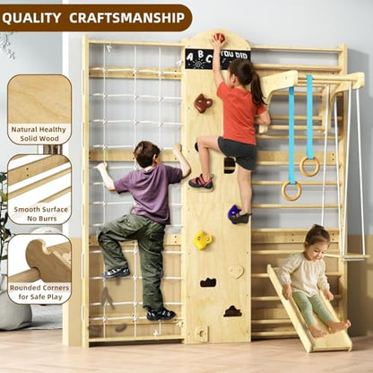 Indoor Climbing Wall, 10-in-1 Swedish Ladder, Indoor Playground for Kids and Adults, Rock Climbing Wall, Wooden Swing Sets, Gymnastic Rings, Wall Ladder, Rope Ladders, Stretching Balanced
