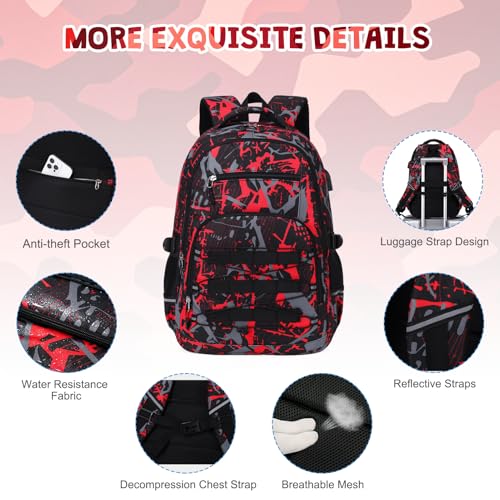 ACESAK Camo Backpack for Boys, Tactical Kids Backpack Boys, School Bags for Boy Children Teens Kids Elementary Middle High School, Military Bookbag and Lunch Bag Pencil Case Set with USB Charging Port - color: Camo Red