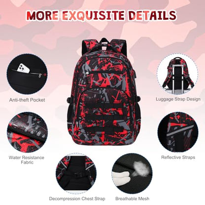 ACESAK Camo Backpack for Boys, Tactical Kids Backpack Boys, School Bags for Boy Children Teens Kids Elementary Middle High School, Military Bookbag and Lunch Bag Pencil Case Set with USB Charging Port - color: Camo Red