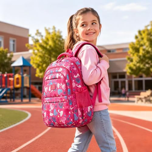 MYGOO Girls School Backpack Euclid Swan Pink Bookbag for Elementary Middle School Ages 5-12, 17 inch Large Capacity 24L Kids Student Travel Bags - color: Euclid Swan Pink