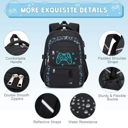ACESAK Boys Backpack - 3PCS Cool Luminous Backpack for Boys School Backpacks for Kids Kindergarten Elementary Preschool Middle School Bags with Lunch Box Pencil Case Set (Black Game Console) - color: Black Game Console
