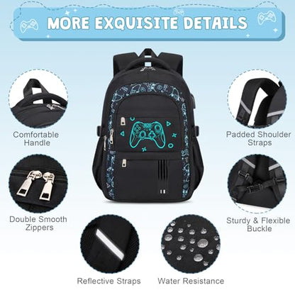 ACESAK Boys Backpack - 3PCS Cool Luminous Backpack for Boys School Backpacks for Kids Kindergarten Elementary Preschool Middle School Bags with Lunch Box Pencil Case Set (Black Game Console) - color: Black Game Console