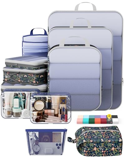 Veken 11-Pack Compression Packing Cubes for Travel Essentials,Compressible Expandable Large Luggage Suitcase Organizer Bags for Clothing,Durable Space Saver Bags with Toiletry Bags(Dark Blue Floral) - color: Dark Blue Floral, size: 11 set