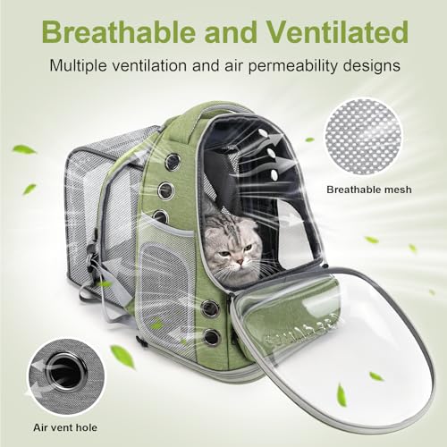 Cawypety Expandable Cat Backpack,Cat Bubble Backpack Carrier for Carrying Cats, Pets and Small Dogs,Airline-Approved,Designed for Travel, Hiking, Walking,Car - color: Square Expandable- Green
