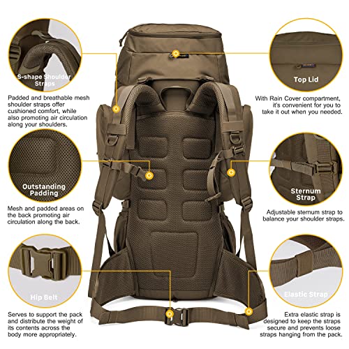 Mardingtop 60L Military Internal Frame Backpack for Hiking,Camping,Hunting,Rucksack Backpack with Rain Cover - color: Khaki