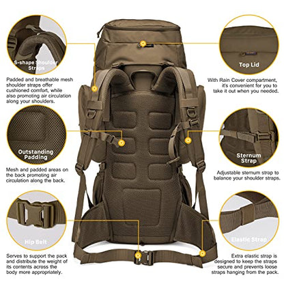 Mardingtop 60L Military Internal Frame Backpack for Hiking,Camping,Hunting,Rucksack Backpack with Rain Cover - color: Khaki
