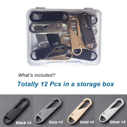 12 PCS Zipper Pull Replacement (Upgraded Metal Spring Design), Detachable Zipper Repair Tabs for Luggage, Backpacks, Jackets, Boots - 4 Colors (Black, Silver, Gold, Gray)