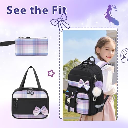 Alrisg Girls School Backpack Preppy Plaid Bookbag Lightweight Backpack for Girls Elementary Middle School Bow Black Set - color: Black, size: 17in Set