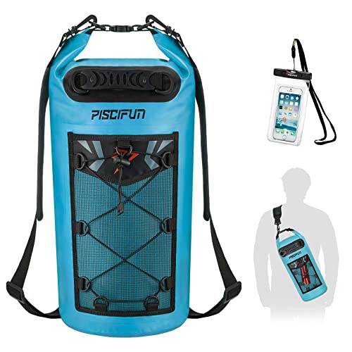 Piscifun Dry Bag, Waterproof Floating Backpack 10L/20L/30L/40L with Waterproof Phone Case for Boating, Kayaking, Fishing - color: Light Blue, style: 10l