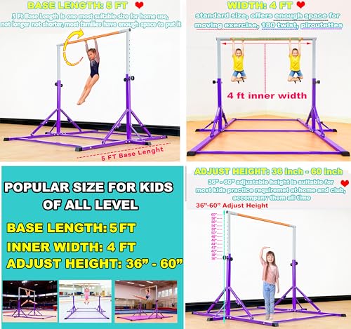 Marfula Gymnastic Bar For Kid and Teenage of 3-25, 5Ft/8 FT Base Length 4Ft Width 5Ft Adjust Height, Gymnastic Kip Bar For Gymnast, Gymnastic Training Equipment For Professional Training Home Club Use - color: Purple(5 Ft Base)