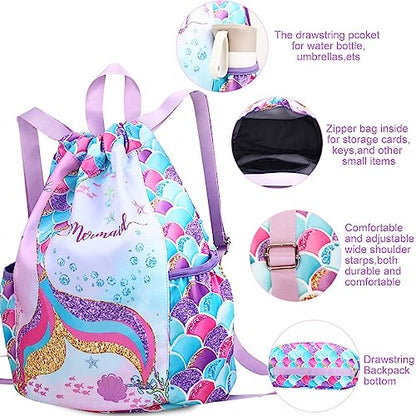 RHCPFOVR Drawstring Backpack for Kids - Mermaid Bags for Girls Gym Dance Beach Swim Travel Bag With Two Water Bottle Holder - color: Mermaid