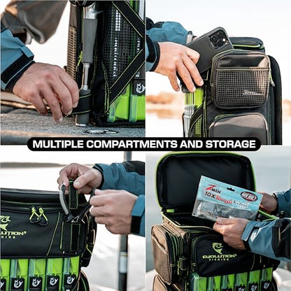 Evolution Fishing Drift Series Tackle Backpack, Outdoor Rucksack w/ 6 Fishing Tackle Trays, Heavy Duty - color: Green, size: 3700