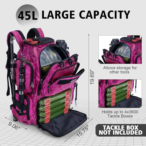 Goture Fishing Backpack,900D Water-Resistant Tackle Backpack with Rod Holders,45L Large Fishing Bag Storage Gear Tackle Bag with Rain Cover,Bottle Holder for Travel Camping Hiking(Without Tackle Box) - color: 45L Bling Pink with Bottle Holder