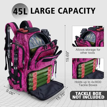 Goture Fishing Backpack,900D Water-Resistant Tackle Backpack with Rod Holders,45L Large Fishing Bag Storage Gear Tackle Bag with Rain Cover,Bottle Holder for Travel Camping Hiking(Without Tackle Box) - color: 45L Bling Pink with Bottle Holder