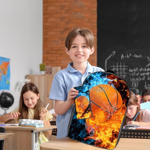 Basketball Backpack Set for School,17 Inch Casual School Bags with Lunch Box, Kids Daypack Bags and Pencil Case Set for Teens Boys Men Students - color: Ice&fire-basketball