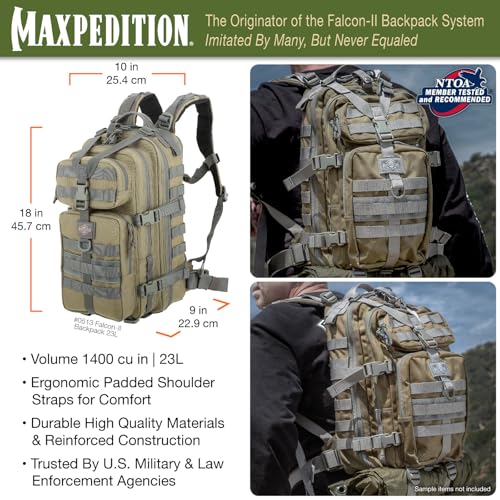 MAXPEDITION Falcon-II Backpack, 23L Tactical Backpack, Survival Pack, Bug Out Bag, MOLLE Go Bag for EDC, 0513 - color: Khaki/Foliage Green